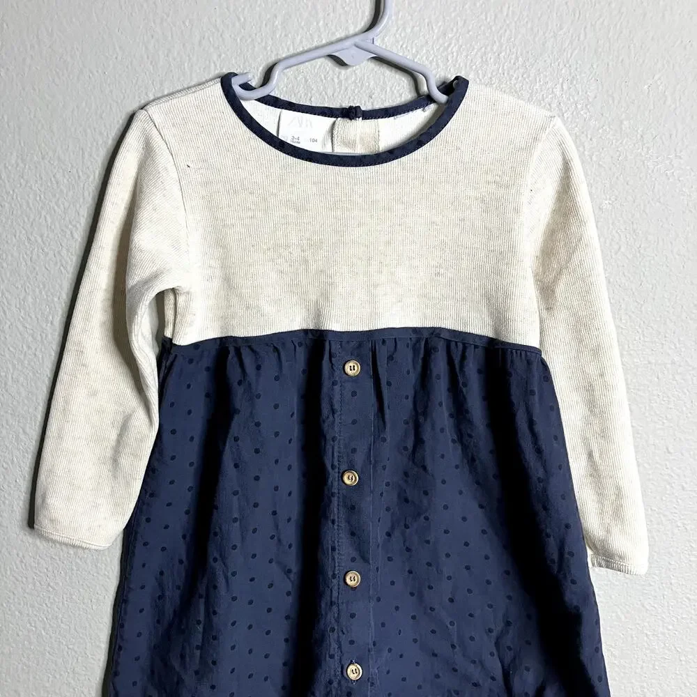 Zara Sweater Dress Size 3-4 Oatmeal Navy Polka Dots